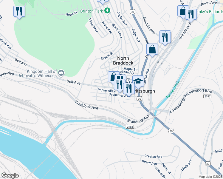 map of restaurants, bars, coffee shops, grocery stores, and more near 408 Franklin Street in East Pittsburgh