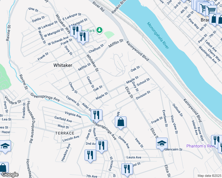 map of restaurants, bars, coffee shops, grocery stores, and more near 11h Midway Drive in West Mifflin
