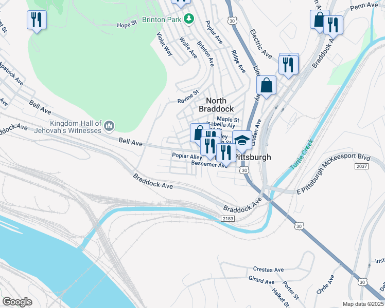map of restaurants, bars, coffee shops, grocery stores, and more near 307 Center Street in East Pittsburgh