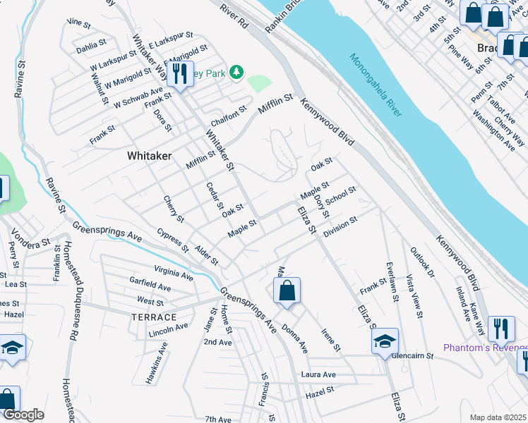 map of restaurants, bars, coffee shops, grocery stores, and more near 11h Midway Drive in West Mifflin
