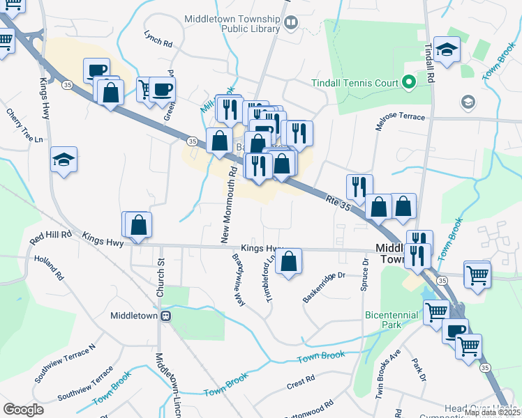 map of restaurants, bars, coffee shops, grocery stores, and more near 65 Village Green Court in Middletown