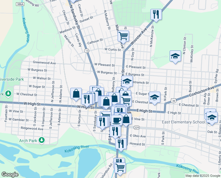 map of restaurants, bars, coffee shops, grocery stores, and more near 201 North Mulberry Street in Mount Vernon
