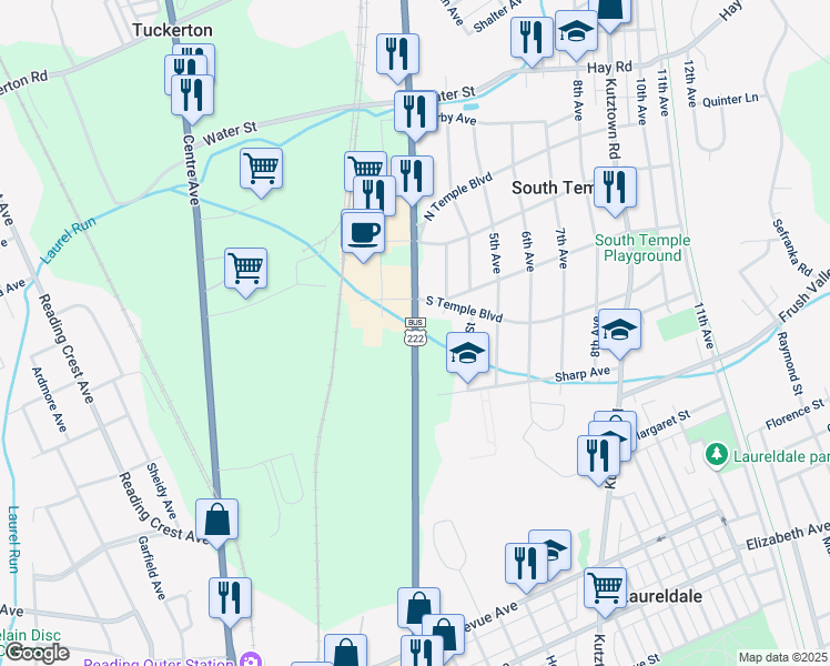 map of restaurants, bars, coffee shops, grocery stores, and more near U.S. 222 Business in Reading