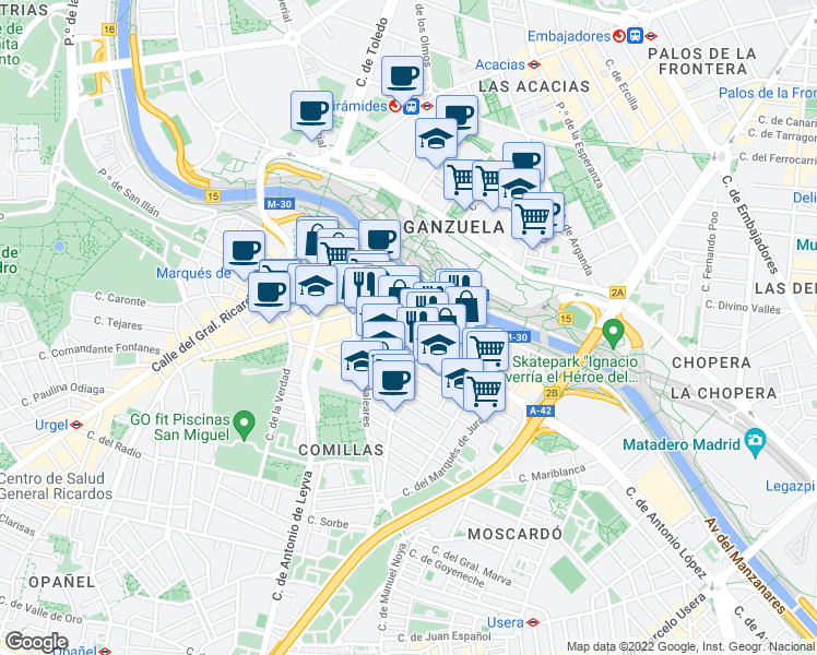 map of restaurants, bars, coffee shops, grocery stores, and more near 142 Avenida del Manzanares in Madrid
