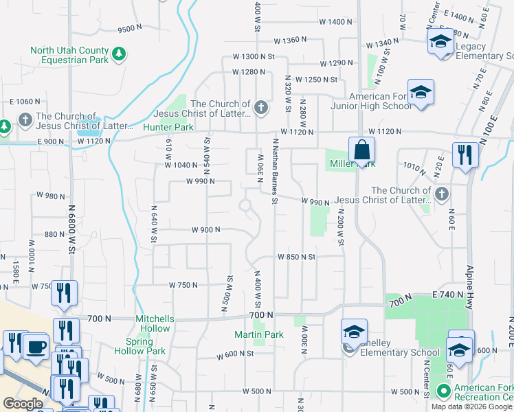 map of restaurants, bars, coffee shops, grocery stores, and more near 982 North 400 West in American Fork
