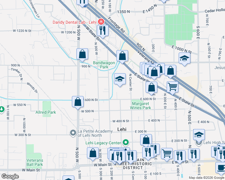 map of restaurants, bars, coffee shops, grocery stores, and more near 710 North 200 West in Lehi