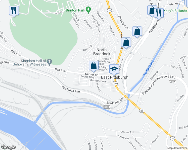 map of restaurants, bars, coffee shops, grocery stores, and more near 408 Franklin Street in East Pittsburgh