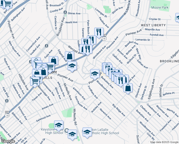 map of restaurants, bars, coffee shops, grocery stores, and more near 2631 Parquet Street in Pittsburgh