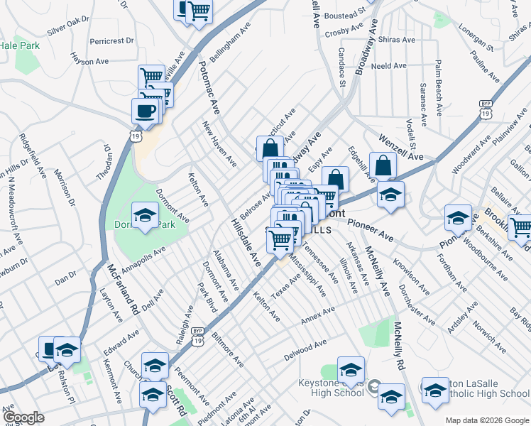 map of restaurants, bars, coffee shops, grocery stores, and more near 2936 Belrose Avenue in Pittsburgh