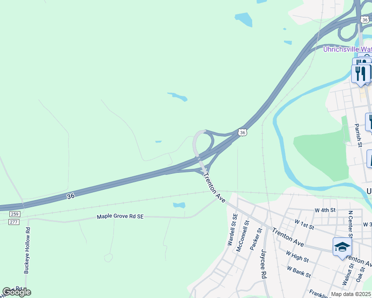map of restaurants, bars, coffee shops, grocery stores, and more near 5213 Spanson Drive Southeast in Uhrichsville