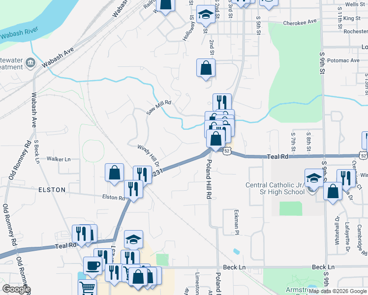 map of restaurants, bars, coffee shops, grocery stores, and more near 2000 Durkees Run Court in Lafayette