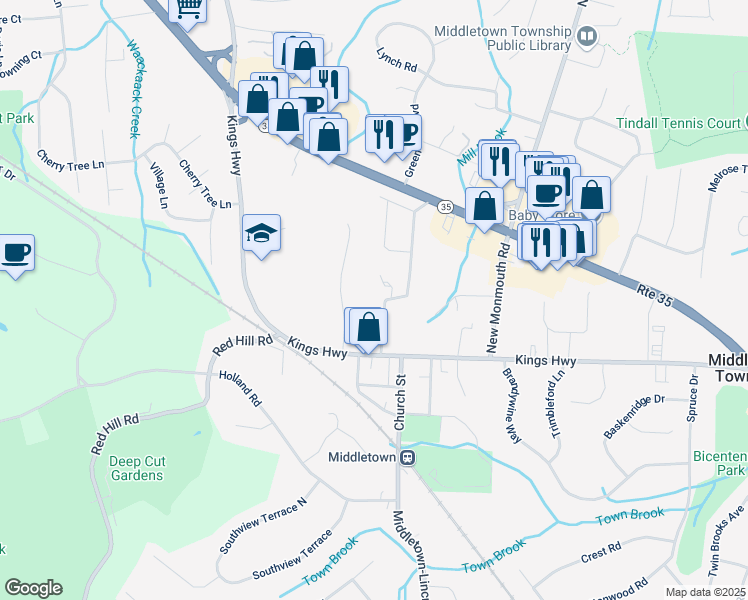 map of restaurants, bars, coffee shops, grocery stores, and more near 28 The Lenape Trail in Middletown