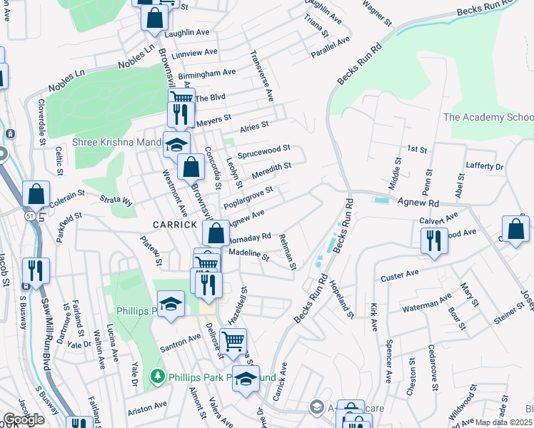 map of restaurants, bars, coffee shops, grocery stores, and more near 218 East Agnew Avenue in Pittsburgh