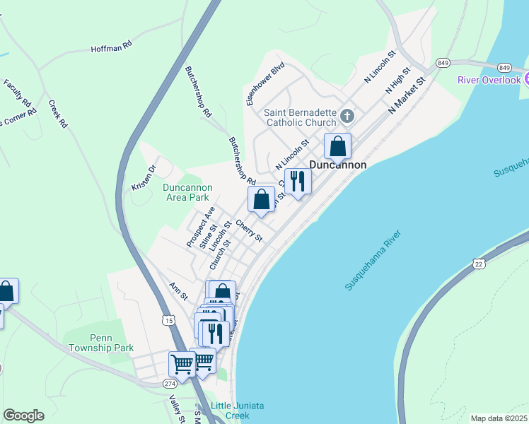 map of restaurants, bars, coffee shops, grocery stores, and more near in Duncannon
