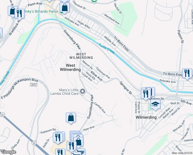 map of restaurants, bars, coffee shops, grocery stores, and more near 114 Kline Avenue in North Versailles