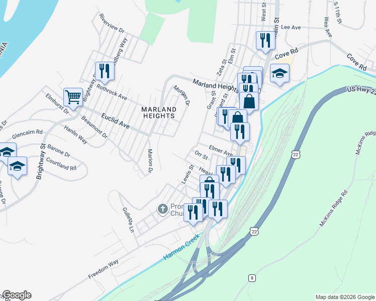 map of restaurants, bars, coffee shops, grocery stores, and more near 3931 Grant St in Weirton