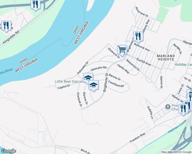 map of restaurants, bars, coffee shops, grocery stores, and more near 1211 Swearingen Road in Weirton