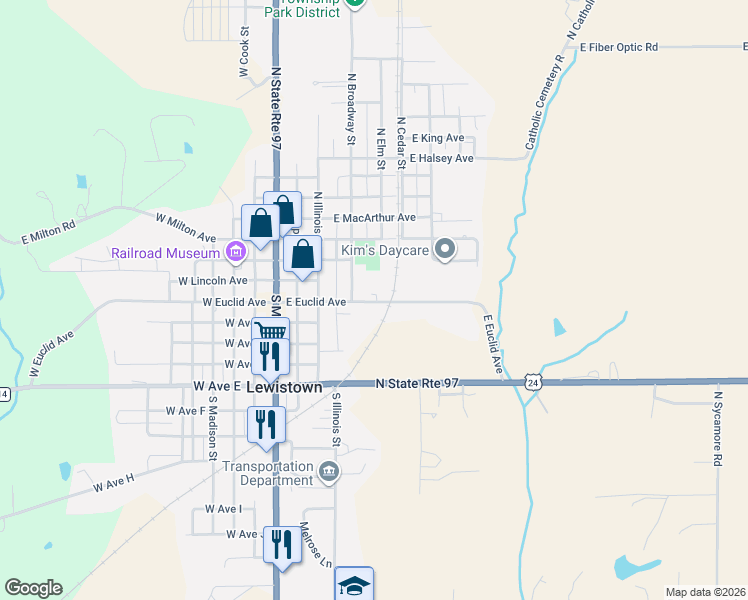 map of restaurants, bars, coffee shops, grocery stores, and more near 101 South Broadway Street in Lewistown