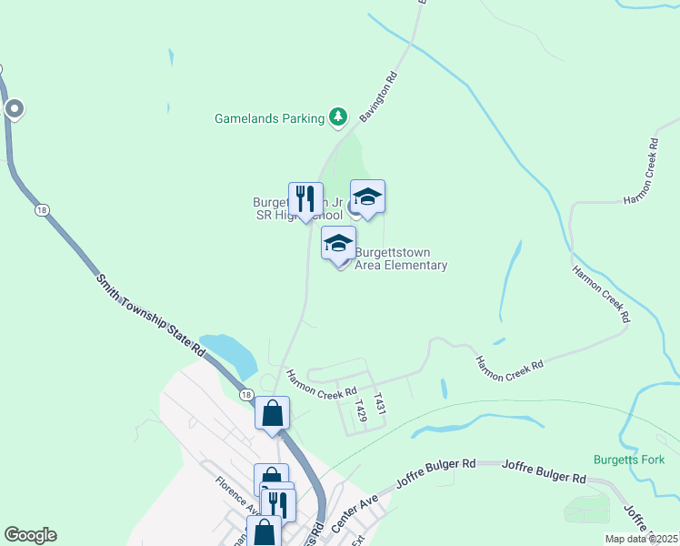 map of restaurants, bars, coffee shops, grocery stores, and more near 104 Bavington Road in Burgettstown