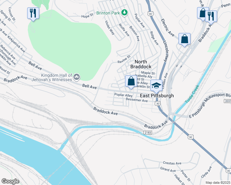 map of restaurants, bars, coffee shops, grocery stores, and more near 109 Center Street in East Pittsburgh