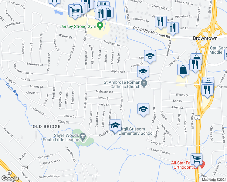 map of restaurants, bars, coffee shops, grocery stores, and more near 10 Mabaline Road in Old Bridge Township