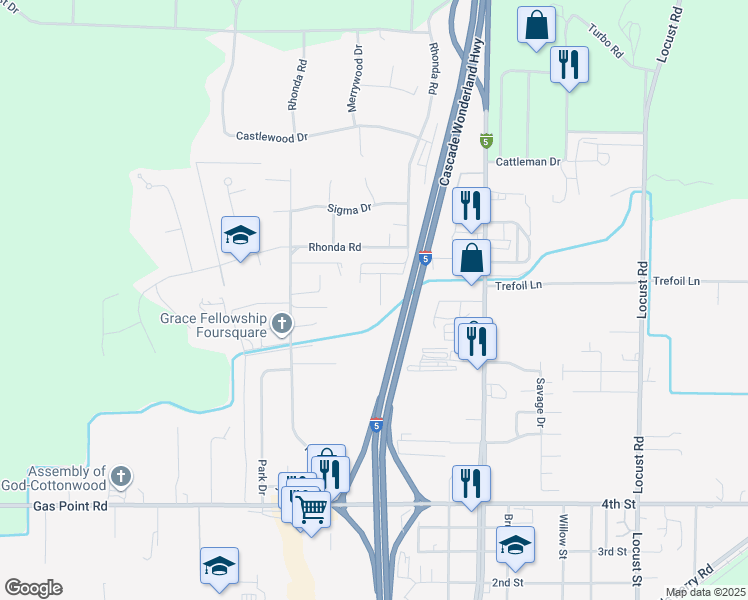 map of restaurants, bars, coffee shops, grocery stores, and more near 3760 Silvario Court in Cottonwood