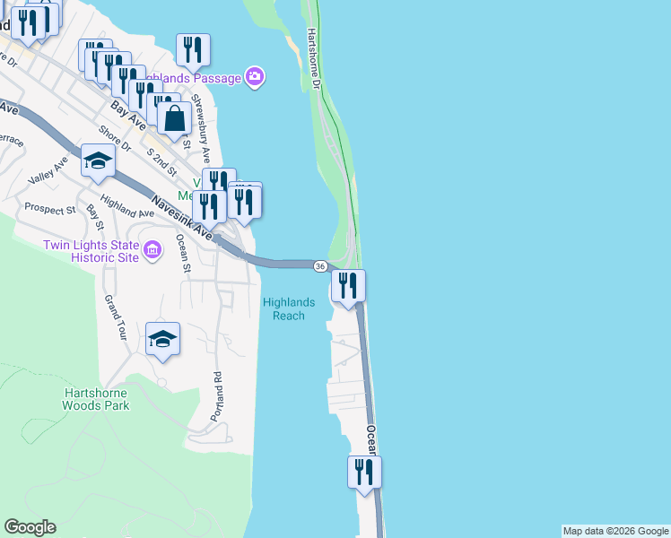 map of restaurants, bars, coffee shops, grocery stores, and more near Ocean Ave in Rumson