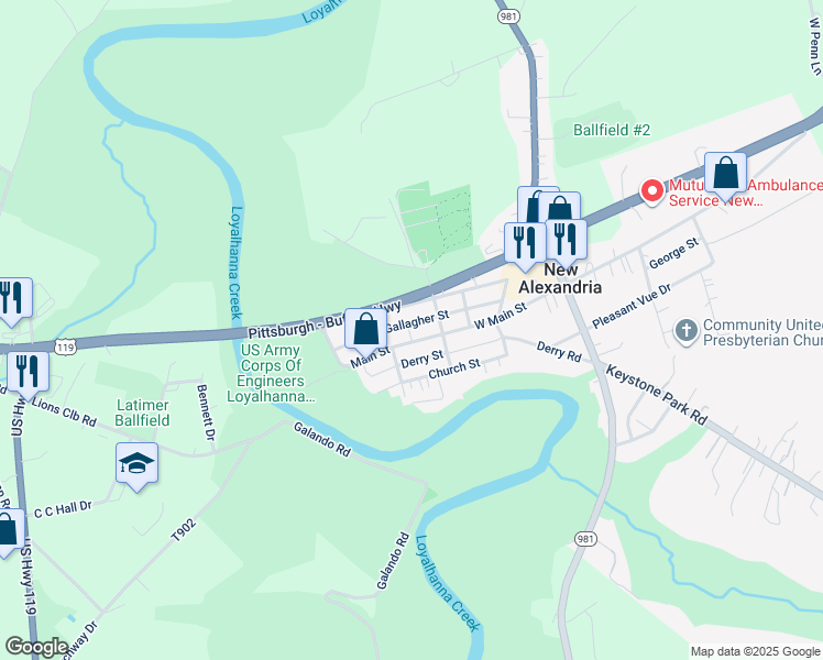map of restaurants, bars, coffee shops, grocery stores, and more near 104 Washington Street in New Alexandria
