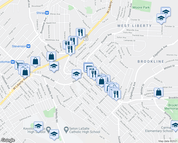 map of restaurants, bars, coffee shops, grocery stores, and more near 537 Bellaire Avenue in Pittsburgh