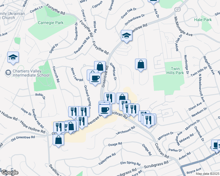 map of restaurants, bars, coffee shops, grocery stores, and more near 147 Greenbriar Drive in Pittsburgh
