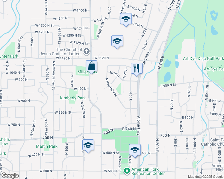 map of restaurants, bars, coffee shops, grocery stores, and more near North Nob Hill Avenue in American Fork