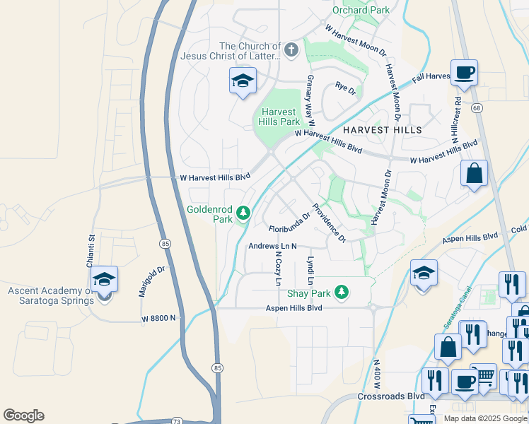 map of restaurants, bars, coffee shops, grocery stores, and more near 1871 North Bountiful Way in Saratoga Springs