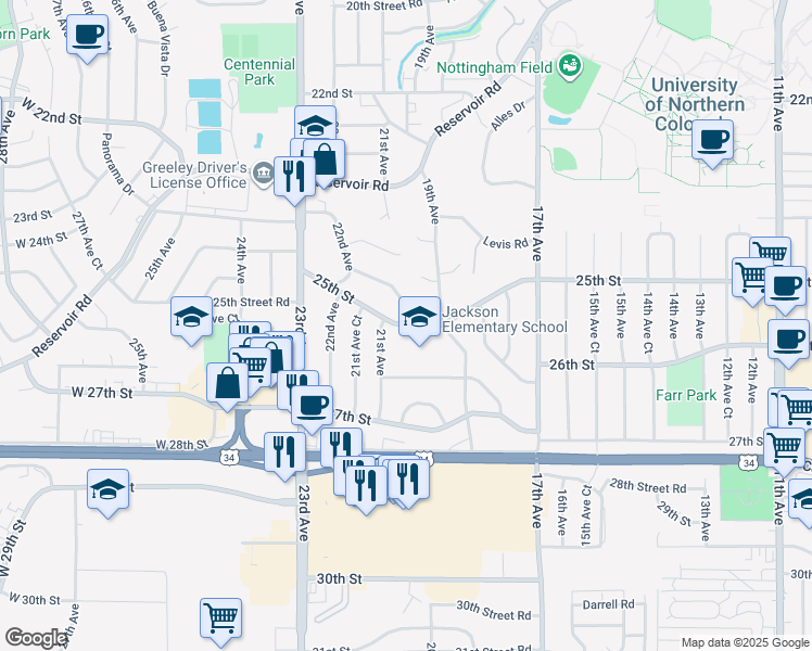 map of restaurants, bars, coffee shops, grocery stores, and more near 2002 25th Street in Greeley