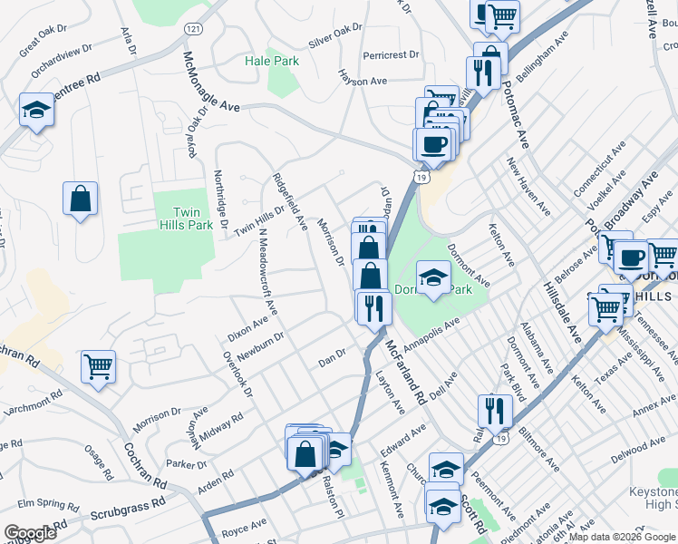 map of restaurants, bars, coffee shops, grocery stores, and more near 154 Morrison Drive in Pittsburgh