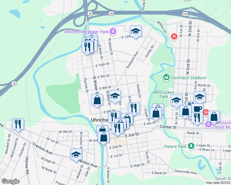 map of restaurants, bars, coffee shops, grocery stores, and more near 726 North Uhrich Street in Uhrichsville