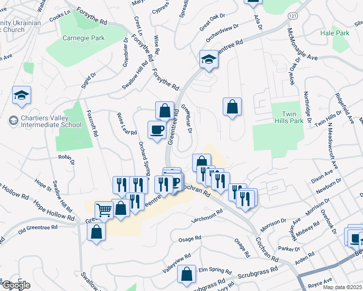 map of restaurants, bars, coffee shops, grocery stores, and more near 147 Greenbriar Drive in Pittsburgh