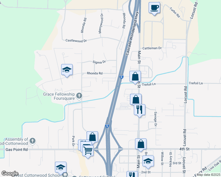 map of restaurants, bars, coffee shops, grocery stores, and more near 3715 Silvario Court in Cottonwood