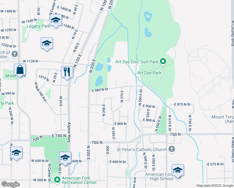 map of restaurants, bars, coffee shops, grocery stores, and more near 965 North 370 East in American Fork
