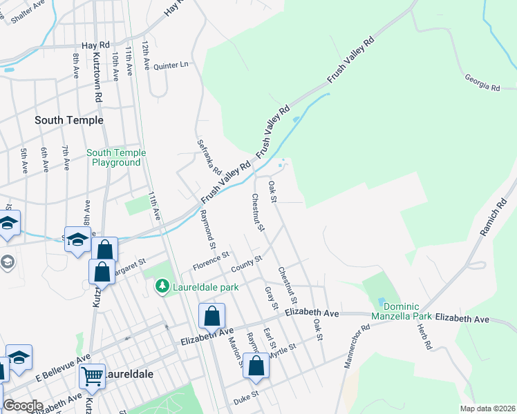 map of restaurants, bars, coffee shops, grocery stores, and more near 3626 Chestnut Street in Laureldale