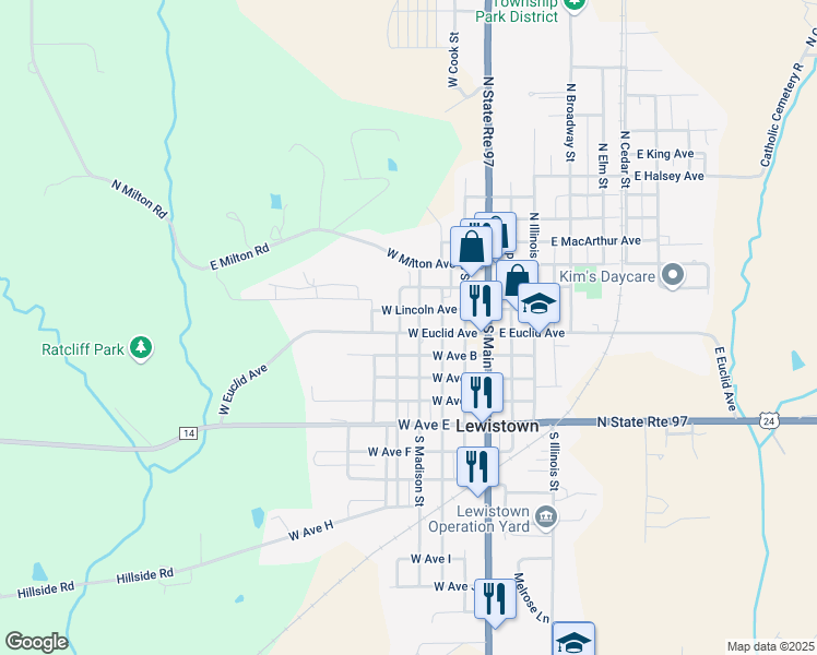 map of restaurants, bars, coffee shops, grocery stores, and more near 500-598 West Lincoln Avenue in Lewistown