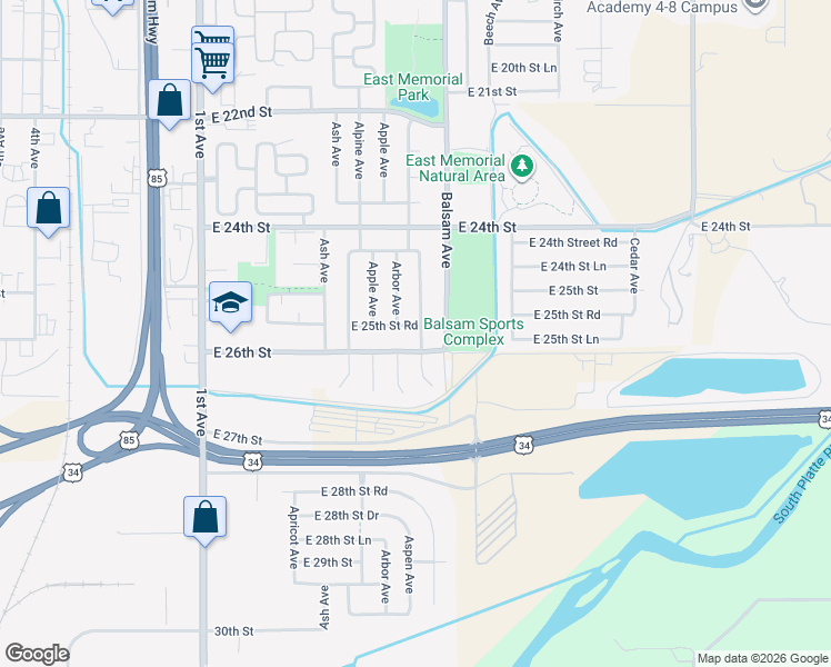 map of restaurants, bars, coffee shops, grocery stores, and more near 2452 Arbor Avenue in Greeley