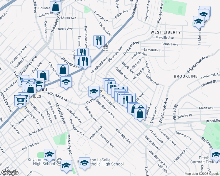 map of restaurants, bars, coffee shops, grocery stores, and more near 537 Bellaire Avenue in Pittsburgh