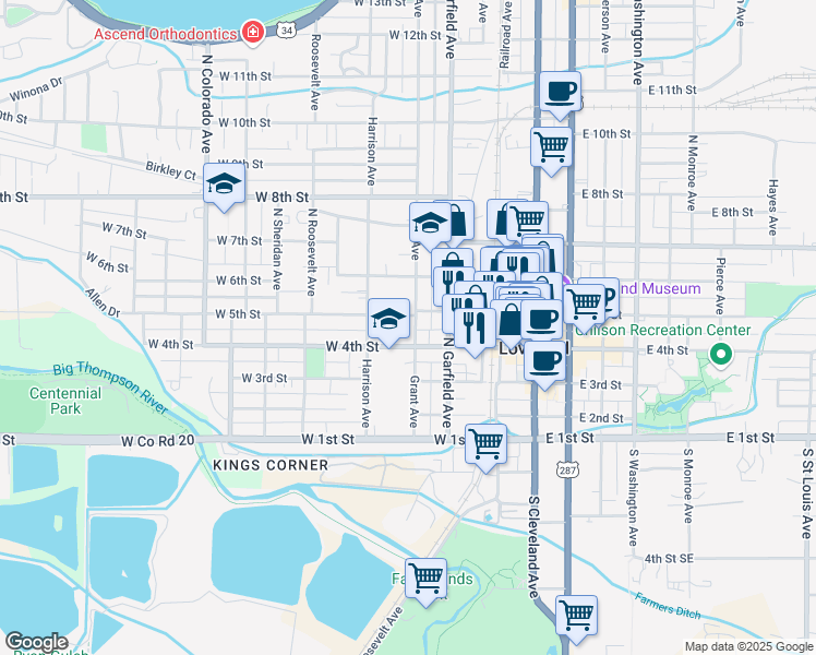 map of restaurants, bars, coffee shops, grocery stores, and more near 425 Grant Avenue in Loveland