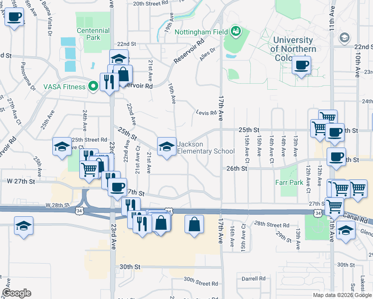 map of restaurants, bars, coffee shops, grocery stores, and more near 1804 25th Street in Greeley