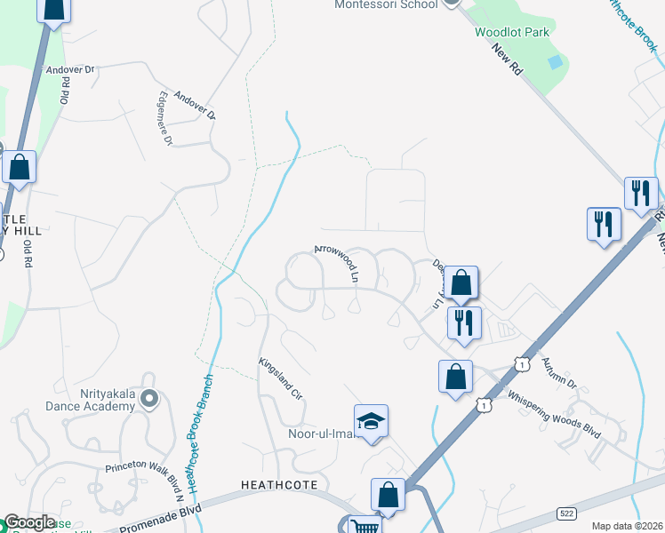 map of restaurants, bars, coffee shops, grocery stores, and more near 48 Arrowwood Lane in South Brunswick Township