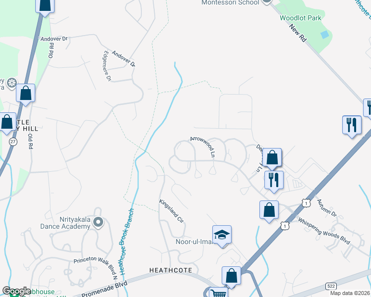 map of restaurants, bars, coffee shops, grocery stores, and more near 40 Wynwood Drive in South Brunswick Township