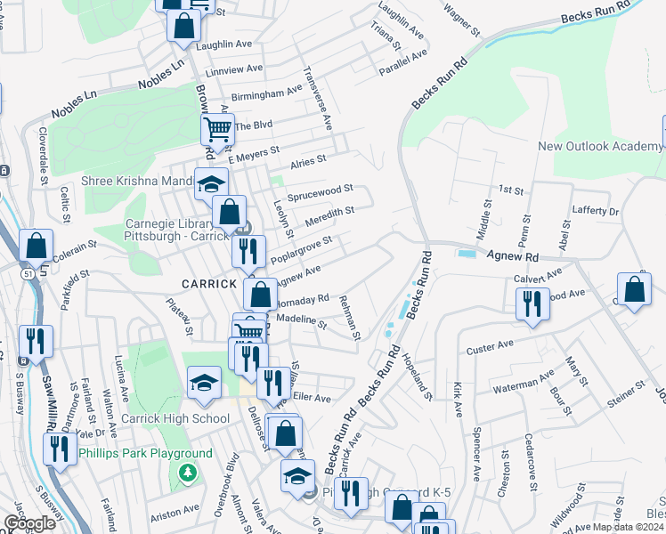 map of restaurants, bars, coffee shops, grocery stores, and more near 228 East Agnew Avenue in Pittsburgh