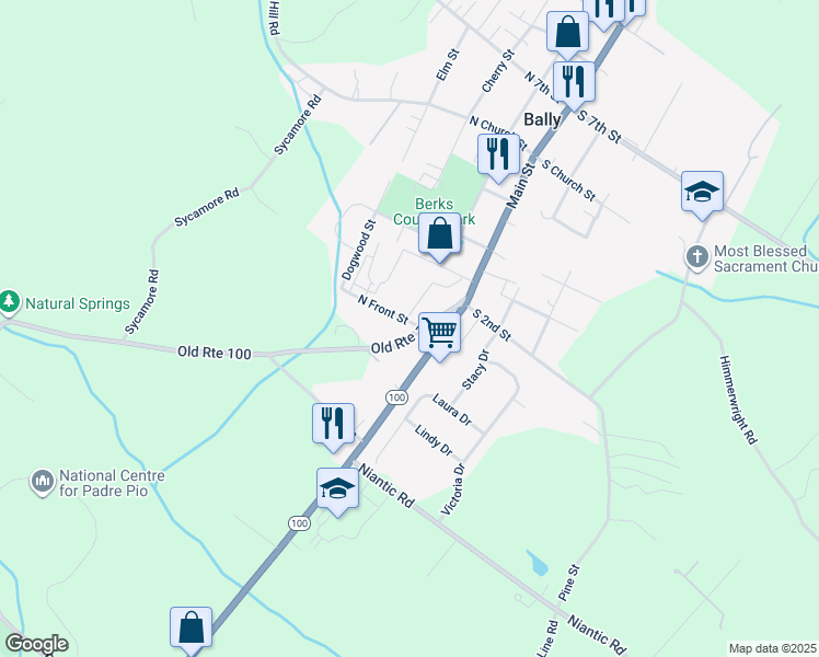 map of restaurants, bars, coffee shops, grocery stores, and more near 20 North Front Street in Bally