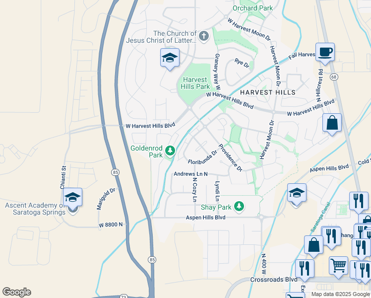 map of restaurants, bars, coffee shops, grocery stores, and more near 1871 North Bountiful Way in Saratoga Springs