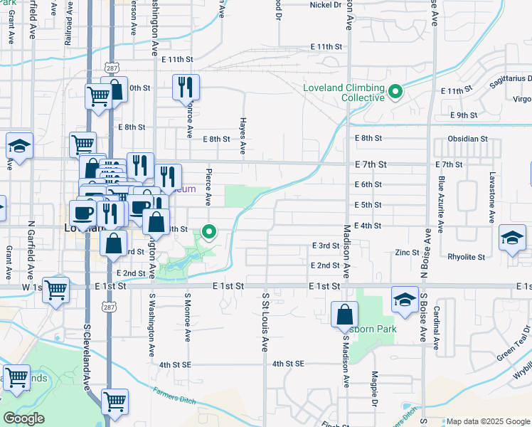map of restaurants, bars, coffee shops, grocery stores, and more near 1033 East 5th Street in Loveland